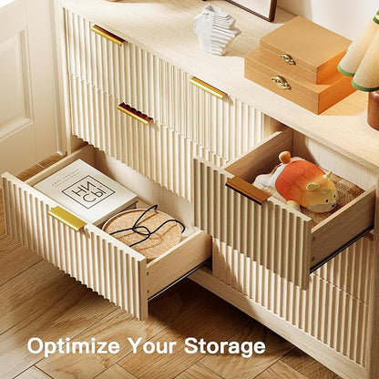 Pipishell Fluted 7 Drawers Dresser, Modern Wood Chest of Drawers, Dressers with Round Edge Design, Dresser TV Stand, Wood Drawer Organizer for Bedroom, Living Room, Hallway, Natural Oak