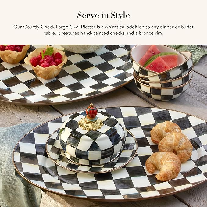 MACKENZIE-CHILDS Enamel Oval Platter, Serving Plate for Entertaining, Large, Black-and-White Courtly Check