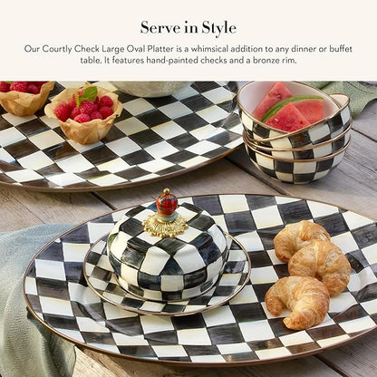 MACKENZIE-CHILDS Enamel Oval Platter, Serving Plate for Entertaining, Large, Black-and-White Courtly Check