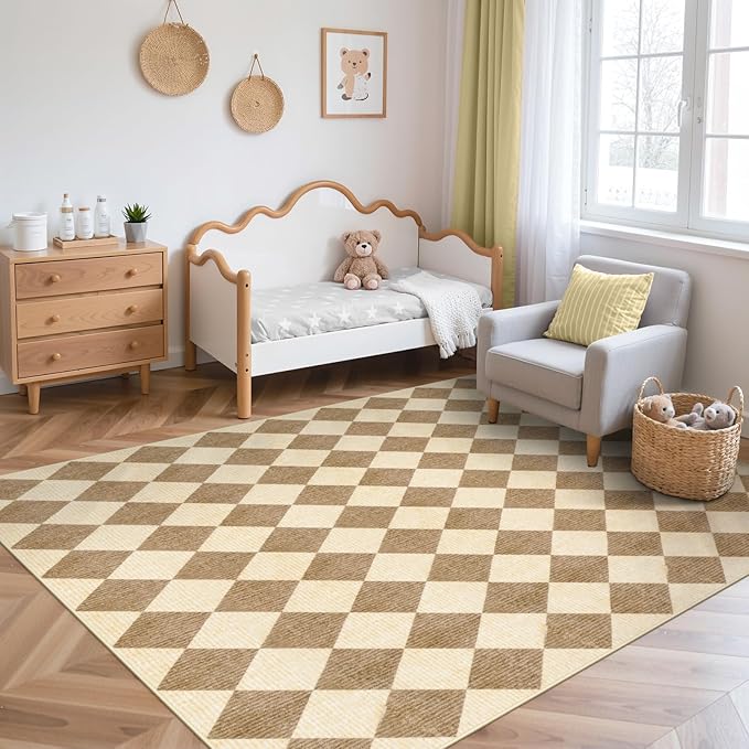LIVEBOX 5x7 Checkered Rugs for Living Room, Washable Diamond Rug Non-Slip Modern Neutral Geometric Plaid Area Rugs for Bedroom Boys, Low Pile Farmhouse Carpet for Dinning Room Classroom, Brown