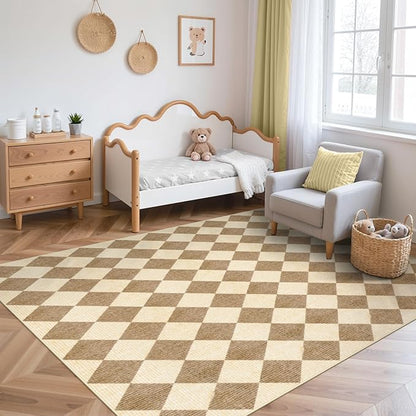 LIVEBOX 5x7 Checkered Rugs for Living Room, Washable Diamond Rug Non-Slip Modern Neutral Geometric Plaid Area Rugs for Bedroom Boys, Low Pile Farmhouse Carpet for Dinning Room Classroom, Brown