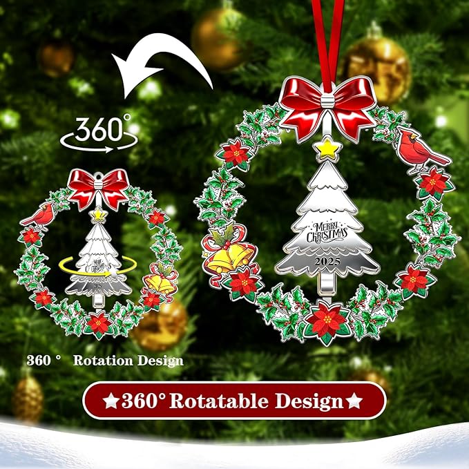 Christmas Ornament 2025 for Christmas Tree Decorations, Dated 2025 Christmas Wreath Ornament with Rotatable Christmas Tree for Holiday Decorative Keepsake Gift