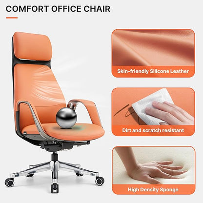 EUREKA ERGONOMIC Serene Executive Office Chair Genuine Leather, Modern Executive Chair 135° Back Support Comfy Desk with Arms & Aluminum Base for Home-Orange