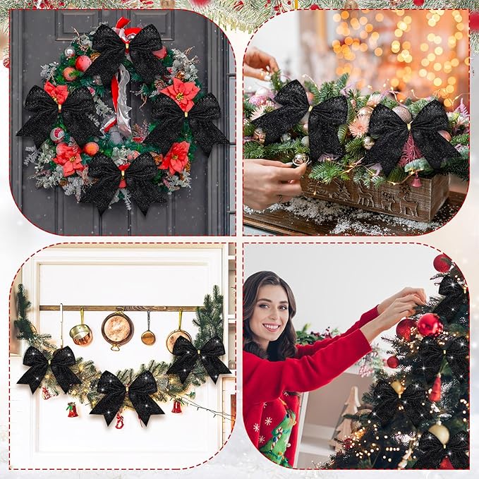 Cindeer 24 Pcs Black Christmas Bow Decorations 6 x 6 Inches, Glitter Holiday Ornaments Sequin Ties Bows for Xmas Tree, Wreath, DIY Crafts, Party Decor, Gift Wrapping