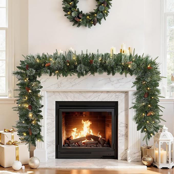 SHareconn Guirnalda de Navidad preiluminada de 9 pies con luces, Christmas pino de cedro rústico natural con pilas para chimenea, decoración de interiores y exteriores