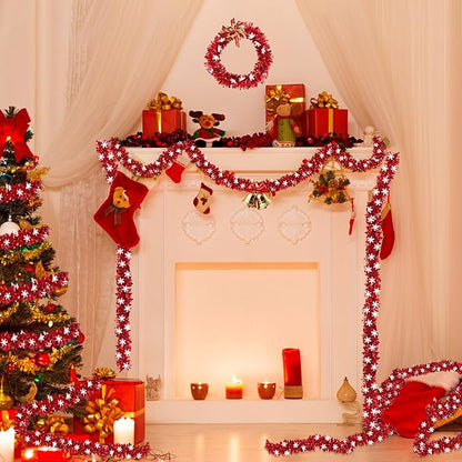 50 Feet Red Christmas Tinsel Garland with Snowflake Ornaments Metallic Twist Shiny Xmas Decorations Tree Garlands for Home Mantle Office Stair Indoor Outdoor Holiday Decor Party Supplies