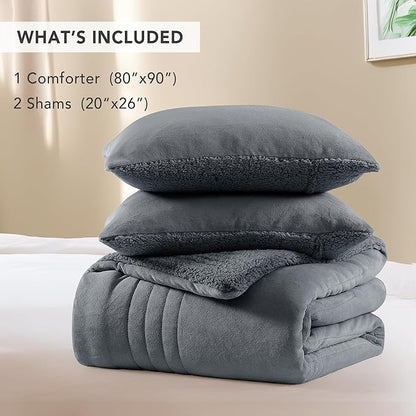 Monbix Fluffy Full Comforter Set Blue Grey, Sherpa Plush Fuzzy Comforter 3 Piece for Full Size Bed, Luxury Soft Winter Warm Bedding Set