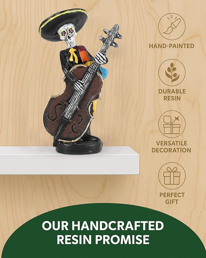 Day of The Dead Mariachi Skeleton Figurines 4.3'' – Set of 2 Hand-Painted Resin Día de Los Muertos Decorations – Mexican Folk Art Halloween Decor for Home, Altar, Table Centerpiece (Mariachi)