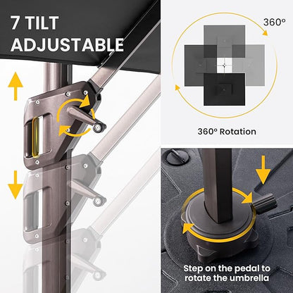 10 X 13 FT Cantilever Patio Umbrella with Base Included Outdoor Heavy Duty Double Top Windproof Rectangle Offset Umbrellas with 360-degree Rotation for Pool Deck Backyard, Black