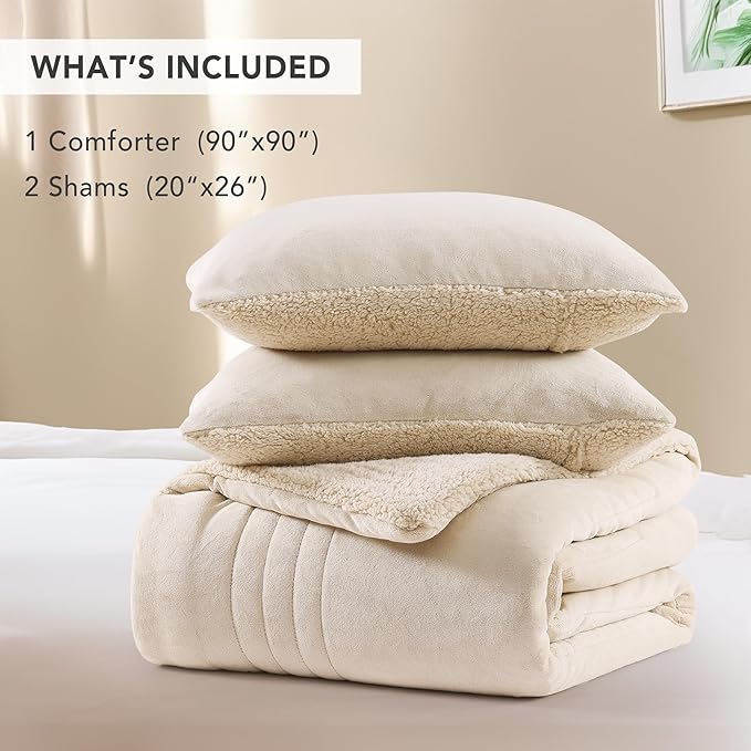 Monbix Fluffy Queen Comforter Set Beige, Sherpa Plush Fuzzy Comforter 3 Piece for Queen Size Bed, Luxury Soft Winter Warm Bedding Set