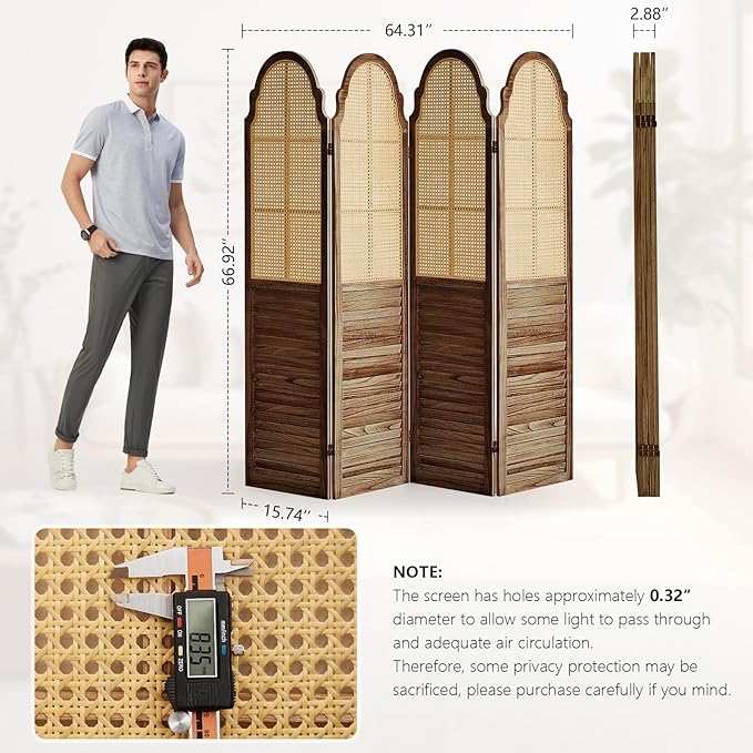 4 Panels Room Divider Wall, Rustic Rattan Room Divider, Wood Folding Privacy Screen, Foldable Wood Divider Wall, Portable Partition Screen, Wall Divider for Room Separation (Brown)