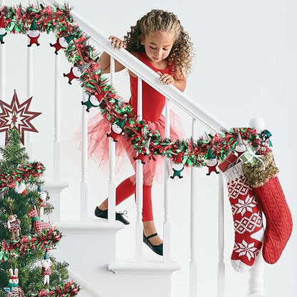 50Ft Christmas Tinsel Garland - Red Green Black Shiny Metallic Twist Decor for Christmas Tree Home Stairs Railing Front Door Mantle Fireplace Indoor Outdoor Holiday Party