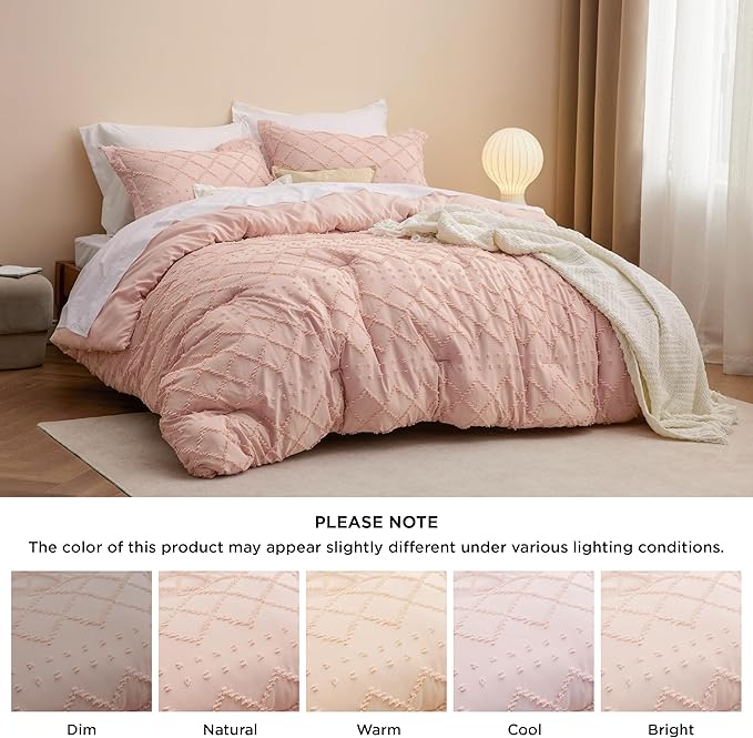 Bedsure California King Comforter Set - Coral Pink Comforter, Boho Tufted Shabby Chic Bedding for Kids, 3 Pieces Vintage Farmhouse Bed Set for All Seasons, Fluffy Soft Bedding with 2 Pillow Shams