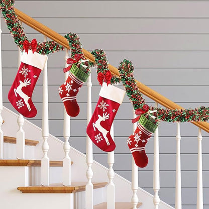 50 Feet Green Red Christmas Tinsel Garland Christmas Decorations for Xmas Tree Decor Metallic Twist Shiny Hanging Garlands for Tree Mantel Stairs Fireplace Home Indoor Outdoor Holiday Party Supplies