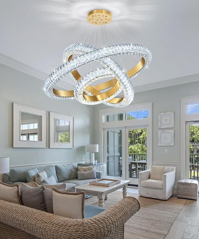 31.5" 3 Ring Crystal Chandelier Modern LED Dimmable Ring Pendant Light Round Chandelier for Dining Room Living Room Gold