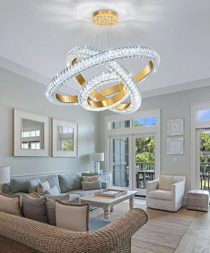 31.5" 3 Ring Crystal Chandelier Modern LED Dimmable Ring Pendant Light Round Chandelier for Dining Room Living Room Gold