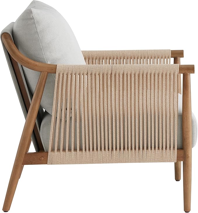 CHITA Braid Accent Chair, Modern Armchair with Solid Wooden Armrest for Living Room and Bedroom, Boho Reading Chair, Light Grey