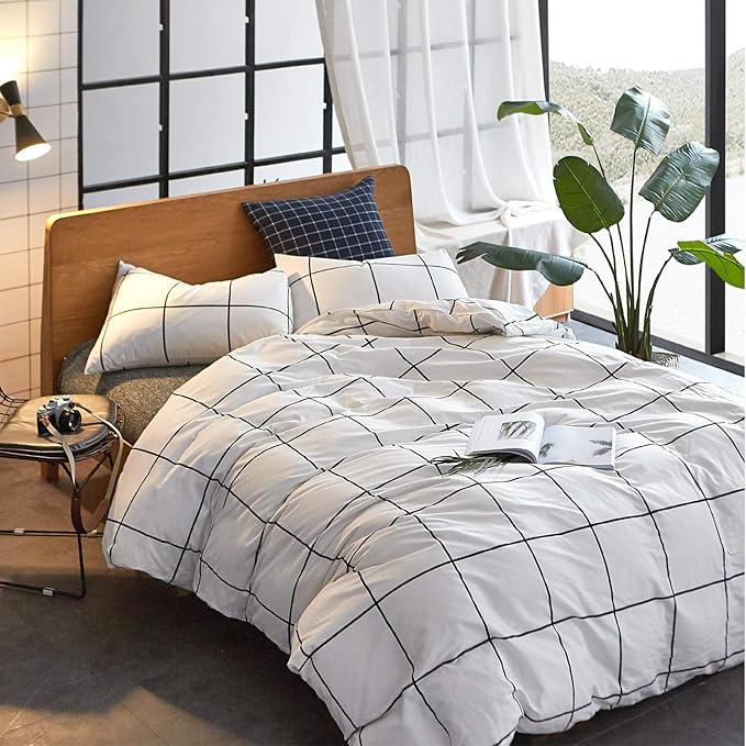 Pureant White Plaid Comforter Sets Full Size Black and White Grid Bedding Comforters Women Men Modern Simple Geometric Quilt Adults Teens White Buffalo Plaid Comforter Bedding Soft