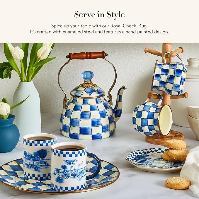 MACKENZIE-CHILDS Enamel Mug, Cute Enamelware Coffee and Tea Mug, Unique Drinkware, 16 Ounces, Blue-and-White Royal Check, Set of 4
