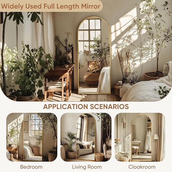 Arched Mirror, 59"x18" - Oversized Standing Mirror for Bedroom or Living Room - Aluminum Frame, Gold