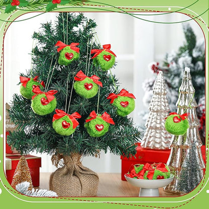 Gejoy 12 Pcs Lime Green Furry Christmas Ball Ornaments with Red Bow for Tree Green Christmas Hanging Decorations Soft Faux Fur Pom Pom Ball Ornaments for Home Party Supply Fireplace Mantel Wall Decor