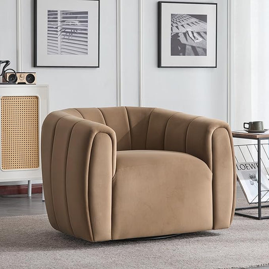 Christopher Knight Home Monroe Velvet Swivel Club Chair,Armchair with 360-Degree Rotation, Upholstered Barrel Swivel Sofa Chair for Living Room/Bedroom, Tufted Back,Thick Cushion, Iron Base, Camel