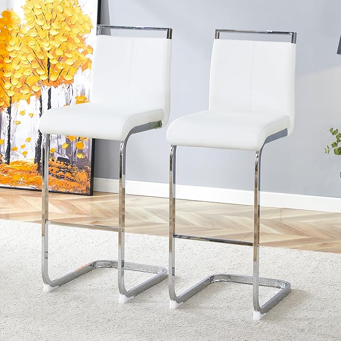White Bar Stools Set of 2,30" Counter Height Bar Stools with Footrest,White Faux Leather Kitchen Stools with Chrome Plated Metal Leg,Counter Height Stools Ideal for Island Pub Kitchen Counter Dining Chair