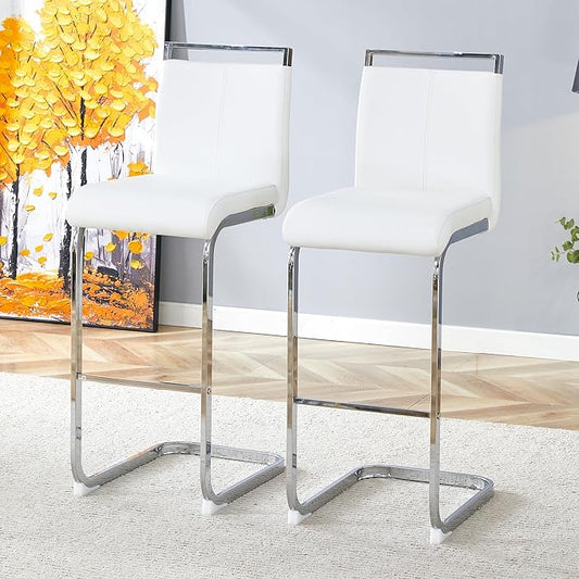 White Bar Stools Set of 2,30" Counter Height Bar Stools with Footrest,White Faux Leather Kitchen Stools with Chrome Plated Metal Leg,Counter Height Stools Ideal for Island Pub Kitchen Counter Dining Chair