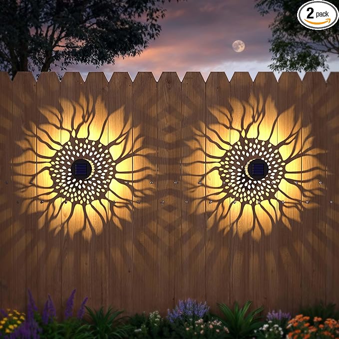 Solar Fence Lights 2 Pack Outdoor Deck Step Wall Lights Metal Waterproof LED Warm Yellow Light for Garden Post Patio Backyard Yard Decor (Sunflower, 2)