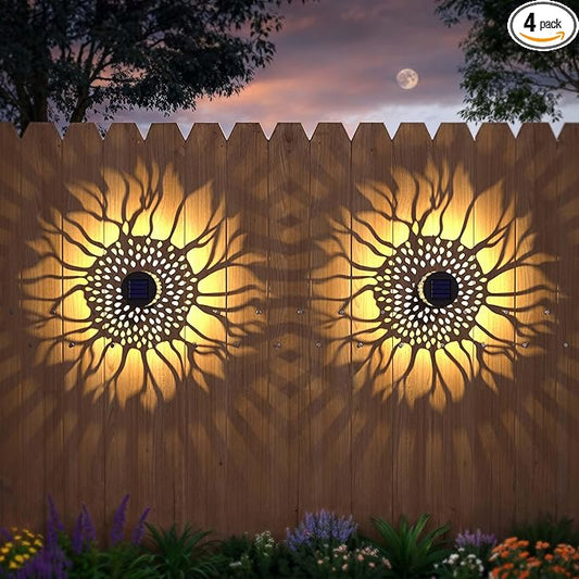 Solar Fence Lights 4 Pack Solar Deck Lamps Outdoor Decorations Powered Step Lights Wall Waterproof LED Warm Decorative Lighting for Garden (Sunflower, 4)