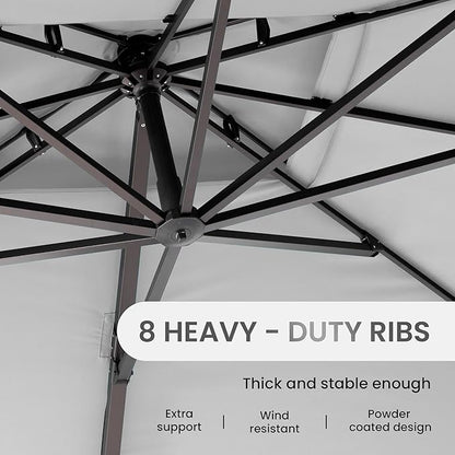 10 X 13 FT Cantilever Patio Umbrella with Base Included Outdoor Heavy Duty Double Top Windproof Rectangle Offset Umbrellas with 360-degree Rotation for Pool Deck Backyard, Foggy Grey