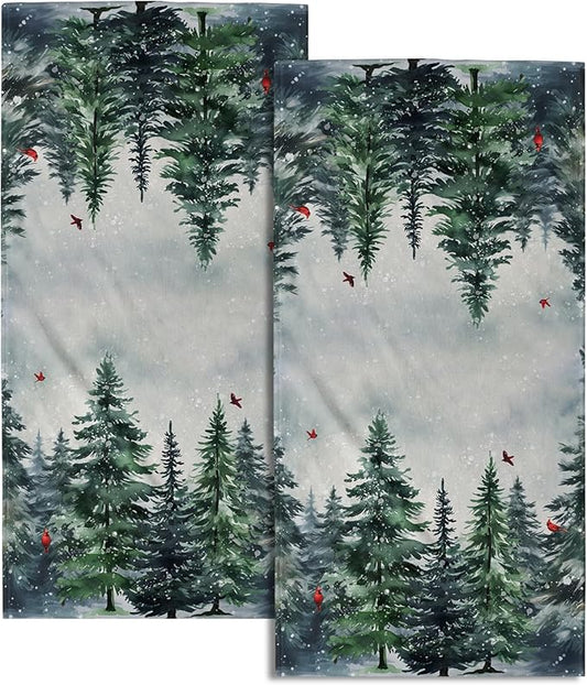 Winter Snow Forest Hand Towels 2 Pack Christmas Pine Trees Cardinal Holiday Face Towels Soft Absorbent Kitchen 14x28
