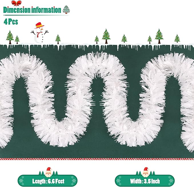 CANREVEL 4 Pieces 26.2 Ft Christmas Garland Metallic Shiny Twist Tinsel Garland Hanging Decorations for Christmas Tree, Mantle, Stairs Railing Decorations - White