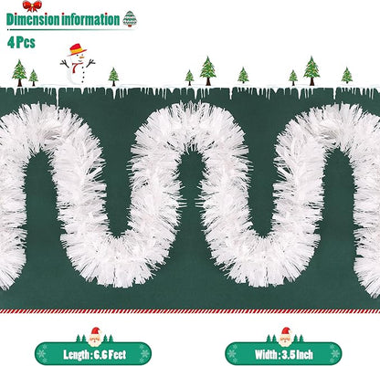 CANREVEL 4 Pieces 26.2 Ft Christmas Garland Metallic Shiny Twist Tinsel Garland Hanging Decorations for Christmas Tree, Mantle, Stairs Railing Decorations - White
