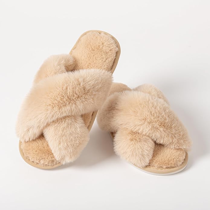 Women's Slipper Memory Foam Cross Band Fuzzy Slippers Open Toe Cozy House Slippers Cozy Plush Bedroom Indoor Outdoor
