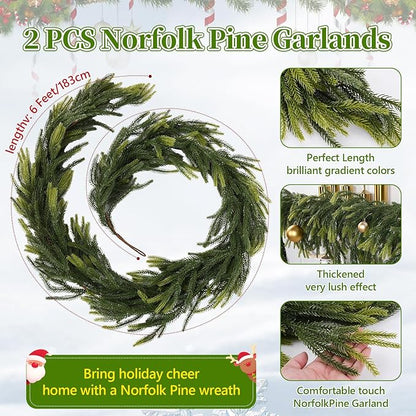 Sherika 2PCS 6 FT Artificial Norfolk Pine Garlands,Real Touch Gradient Chirsmas Garland, Faux Pine Garland for Indoor Chrismas Decoration Table DIY Wall Decor