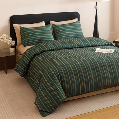 CLOTHKNOW Green Striped California King Comforter Set Green Khaki Black Bedding Comforter Sets Ticking Farmhouse Comforter with 2 x Pillowcases