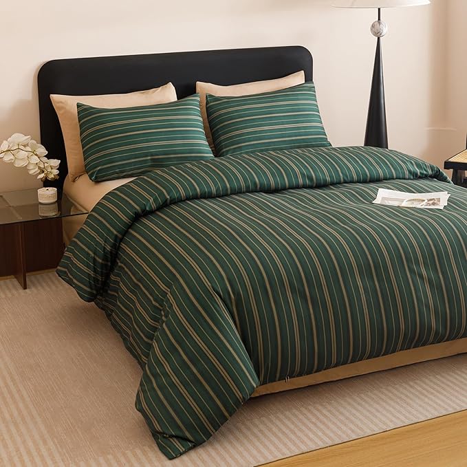 CLOTHKNOW Green Stripes Queen Comforter Set Farmhouse Bedding Comforter Sets Ticking Comforter Queen Hunter Green Comforter Soft Boho