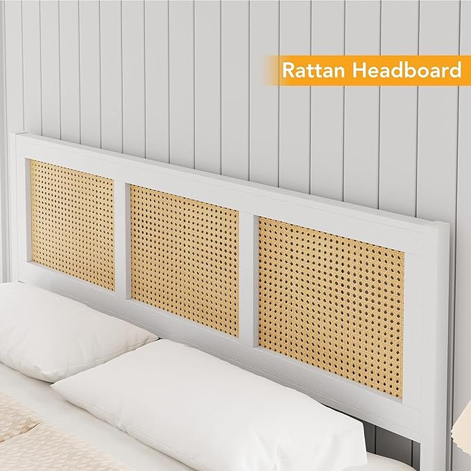 GarveeHome King Size Rattan Bed Frame with Headboard, White Boho Cane Platform Bed Frame with Strong Metal Slat, Noise Free, No Box Spring Needed