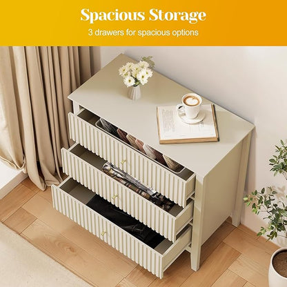 Large Beige Fluted 3 Drawer Dresser Set of 2, Chest of Drawers with Ball Bearing Slide Modern 30 inch Tall Wood Nightstand with Spacious Storage for Bedroom Hallway Living Room Entryway