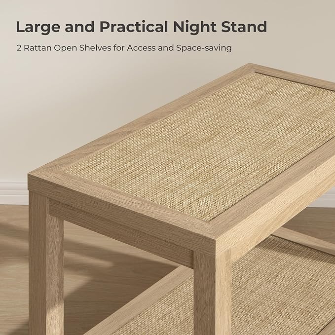 SICOTAS Boho Rattan Nightstand Bedside Table - Farmhouse Narrow Accent End Table, Light Oak