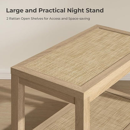 SICOTAS Boho Rattan Nightstand Bedside Table - Farmhouse Narrow Accent End Table, Light Oak