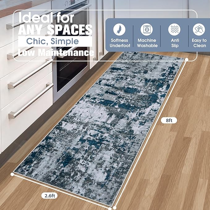 Runner Rug for Hallways Kitchen 2'6"x8' Washable Non Slip: Carpet Non Skid 8ft Entryway Rubber Backed 8 Feet Neutral Abstract Modern Rug Low Pile Pet Friendly Indoor Navy Grey