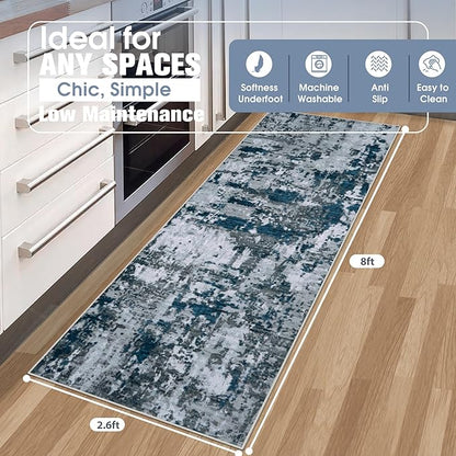 Runner Rug for Hallways Kitchen 2'6"x8' Washable Non Slip: Carpet Non Skid 8ft Entryway Rubber Backed 8 Feet Neutral Abstract Modern Rug Low Pile Pet Friendly Indoor Navy Grey