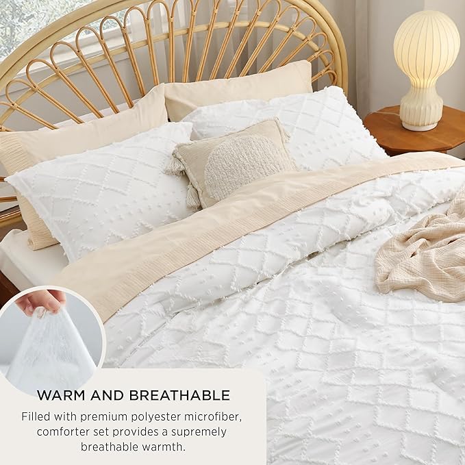 Bedsure Oversized King Comforter Set - White Comforter, Boho Tufted Shabby Chic Bedding for Kids, 3 Pieces Vintage Farmhouse Bed Set for All Seasons, Fluffy Soft Bedding with 2 Pillow Shams