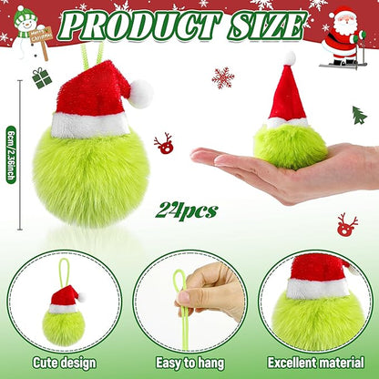24 Pcs Lime Green Furry Christmas Balls Ornaments, 2.36 Inch Pom Pom Ball with Christmas Hat, Xmas Hanging Decorations for Tree Party Gifts Ornaments Wreath Home Decor
