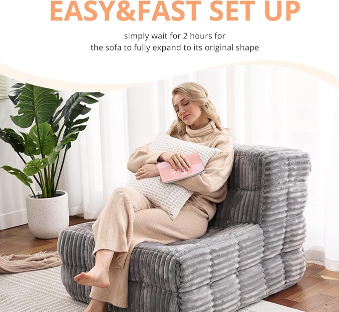 Armless Fireside Couch Hybrid Bean Bag Floor Sofa, Light Gray