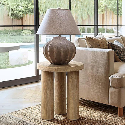 LuxenHome Round Side Table, 19" Tall End Table with 3 Pillar Legs, Modern Farmhouse Dark Oak Finish Wooden Side Tables, Accent Table for Living Room, Bedroom