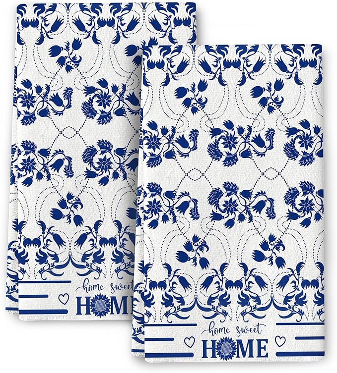 Boho Floral Dish Towels Set of 2 Absorbent Decorative Kitchen Towels, Blue