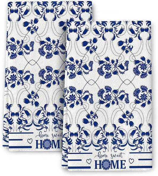 Boho Floral Dish Towels Set of 2 Absorbent Decorative Kitchen Towels, Blue